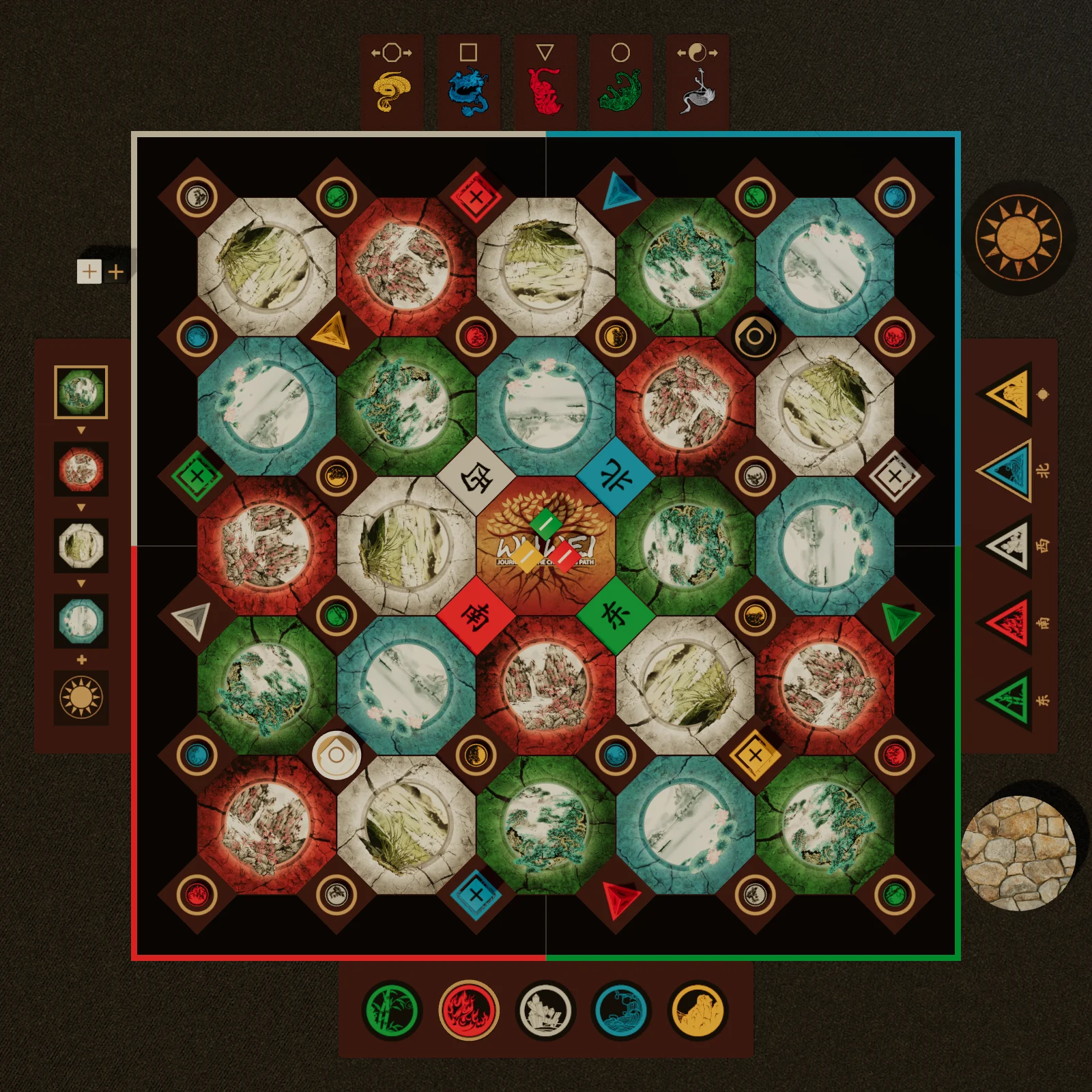 Straight overhead view of the complete Second Edition board, centered within its square frame, with animal pieces, chi and yin-yang discs