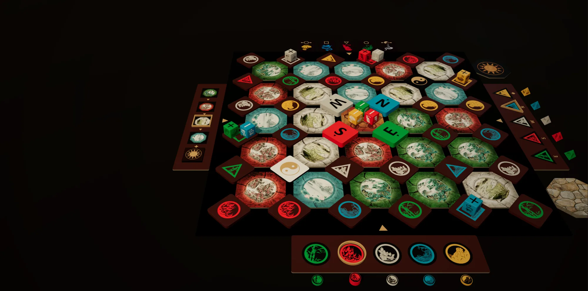 An overview of the digital Wu Wei board and its colorful player pieces